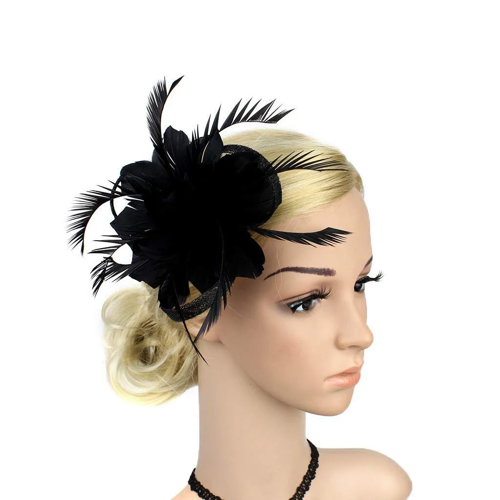 Fascinators Hat for Women Pearl Peacock Feather Hair Band Tea Party Net Veil Hat Clip Tea Party Headwear