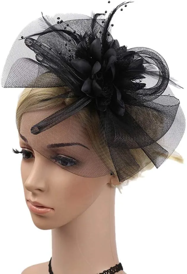 Fascinators Hat Sinamay Flower Pearl Peacock Feather Hair Band Tea Party Net Veil Hat Headband Hat