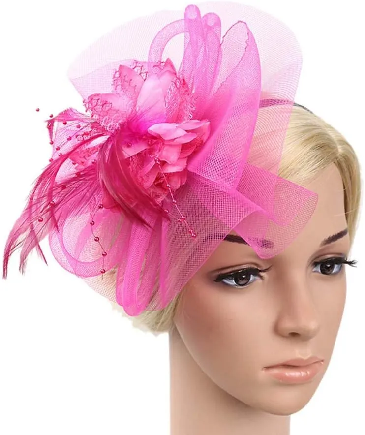 Fascinators Hat Sinamay Flower Pearl Peacock Feather Hair Band Tea Party Net Veil Hat Headband Hat