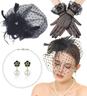 Fascinators Hats 20s 50s Hat Tea Party Accessories Derby Decorations 1920s dresse Headwear with Veil Gloves Pearl Jewelry Set for Girls and Women