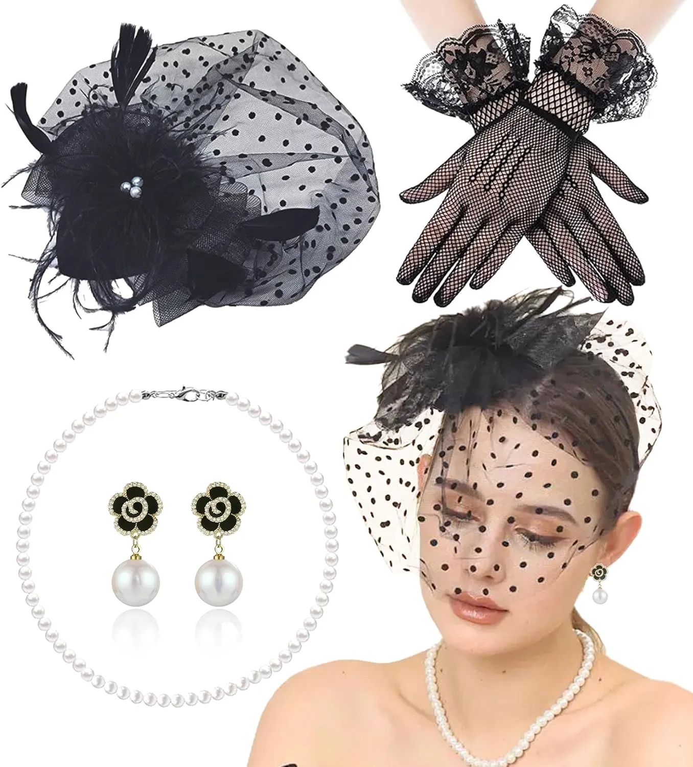 Fascinators Hats 20s 50s Hat Tea Party Accessories Derby Decorations 1920s dresse Headwear with Veil Gloves Pearl Jewelry Set for Girls and Women