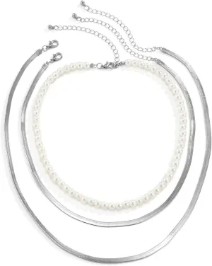 Fashion Layered Necklaces for Women, 3 Layer Necklace for Women Pendant Necklaces Simple Snake Chain Pearl Design Thanksgiving Daughter Gifts