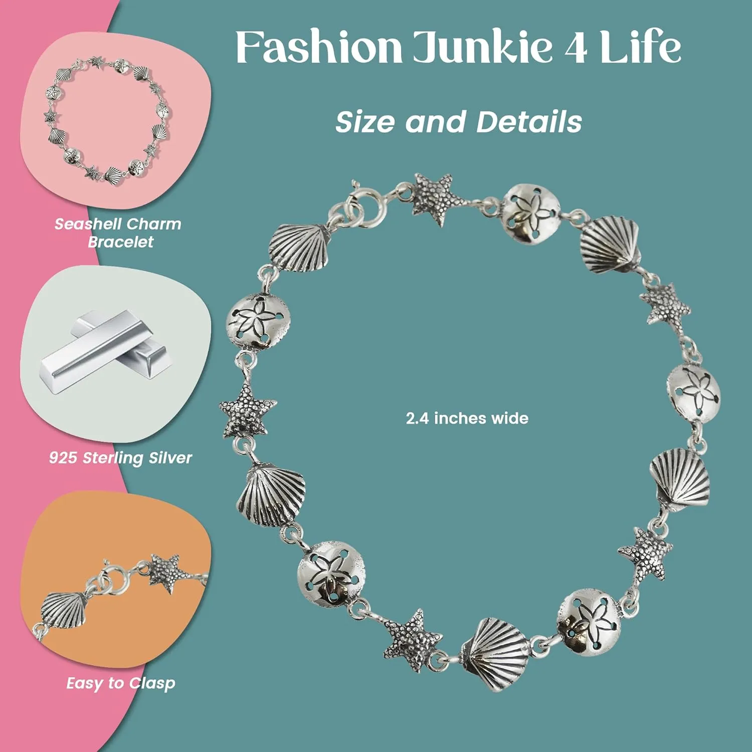 FashionJunkie4Life Sterling Silver and Stainless Steel Chain Link Charm Bracelets