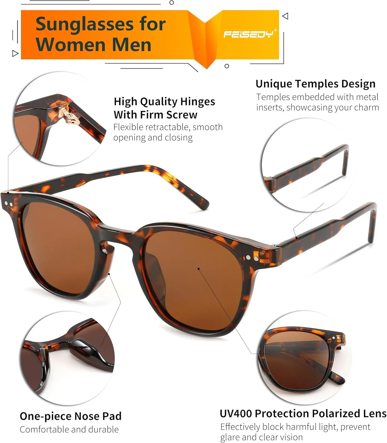FEISEDY Classic Polarized Sunglasses Retro Round Sunglasses for Women Men Trendy Shades B0002