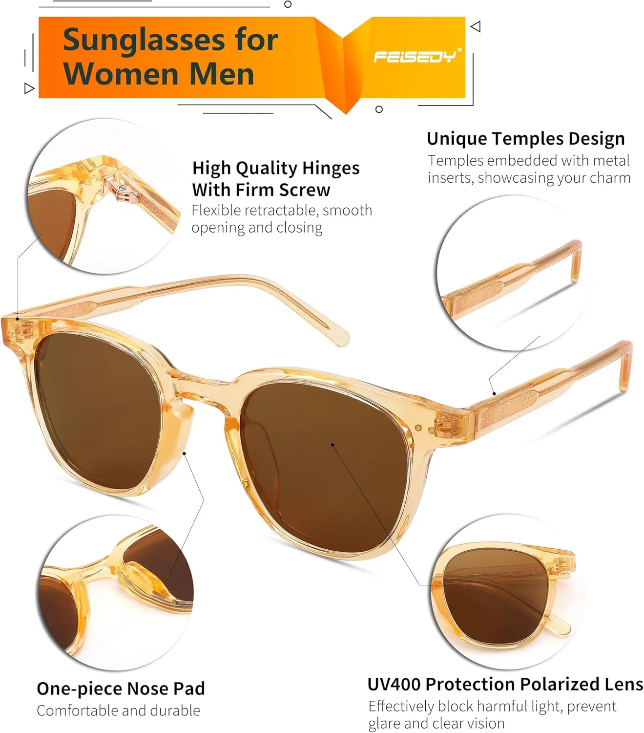 FEISEDY Classic Polarized Sunglasses Retro Round Sunglasses for Women Men Trendy Shades B0002