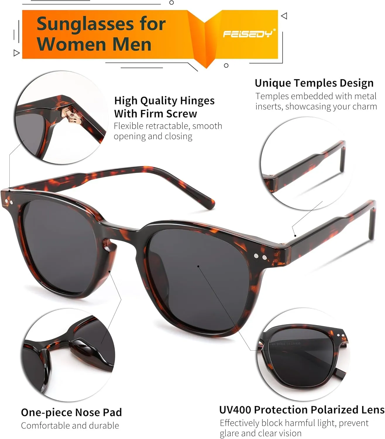 FEISEDY Classic Polarized Sunglasses Retro Round Sunglasses for Women Men Trendy Shades B0002