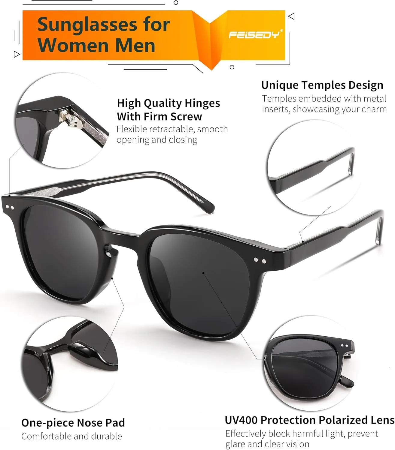 FEISEDY Classic Polarized Sunglasses Retro Round Sunglasses for Women Men Trendy Shades B0002