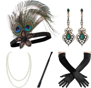 FELIZHOUSE 1920s Gatsby Accessories Costume Flapper Accessories Set for Women Feather 20s Headband Pearl Necklace Gloves