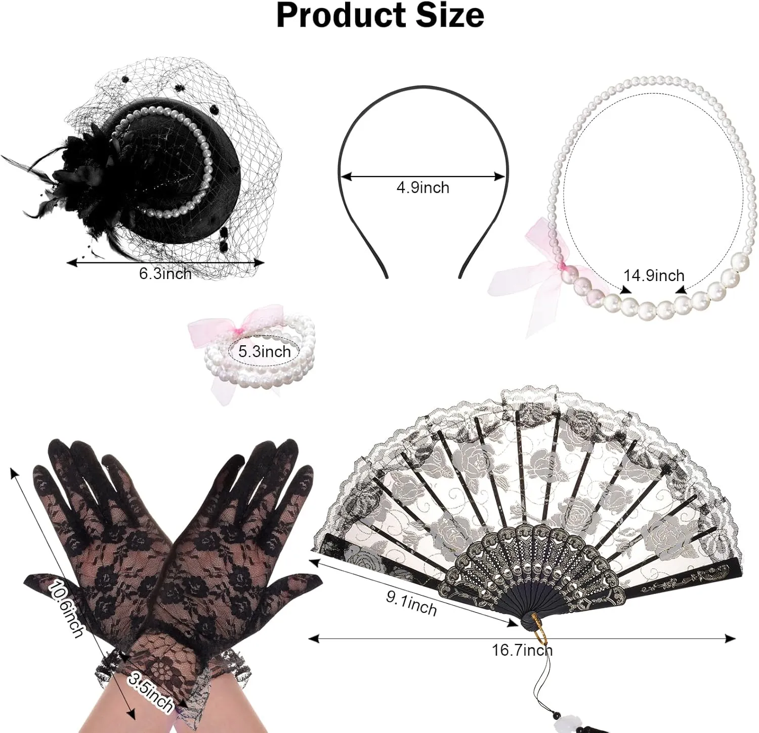 Fumwase 5Pcs Tea Party Accessories Set for Women Tea Party Favors Kit Tea Party Gloves Hats Necklace Fan Bracelet