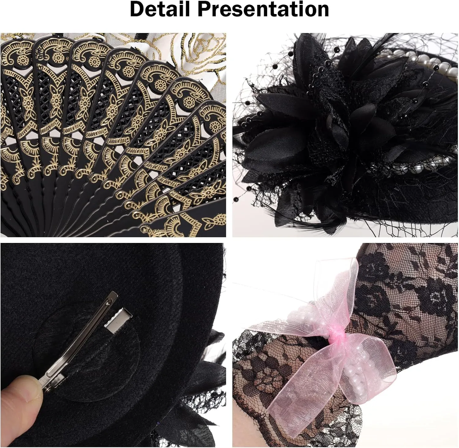 Fumwase 5Pcs Tea Party Accessories Set for Women Tea Party Favors Kit Tea Party Gloves Hats Necklace Fan Bracelet