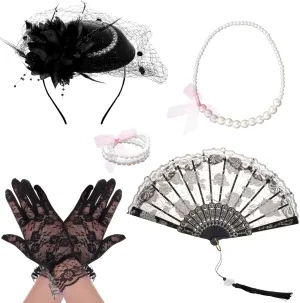 Fumwase 5Pcs Tea Party Accessories Set for Women Tea Party Favors Kit Tea Party Gloves Hats Necklace Fan Bracelet