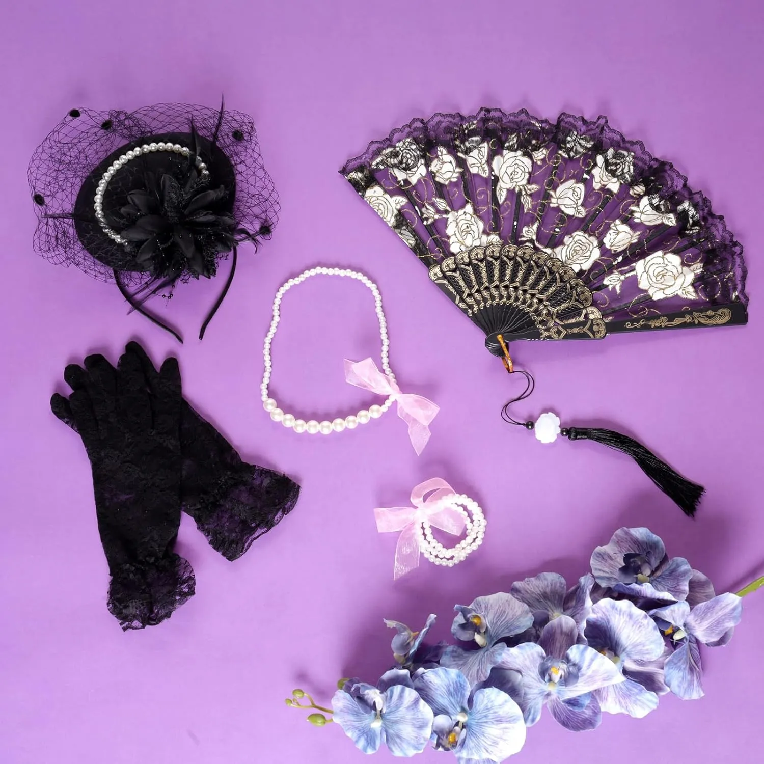 Fumwase 5Pcs Tea Party Accessories Set for Women Tea Party Favors Kit Tea Party Gloves Hats Necklace Fan Bracelet