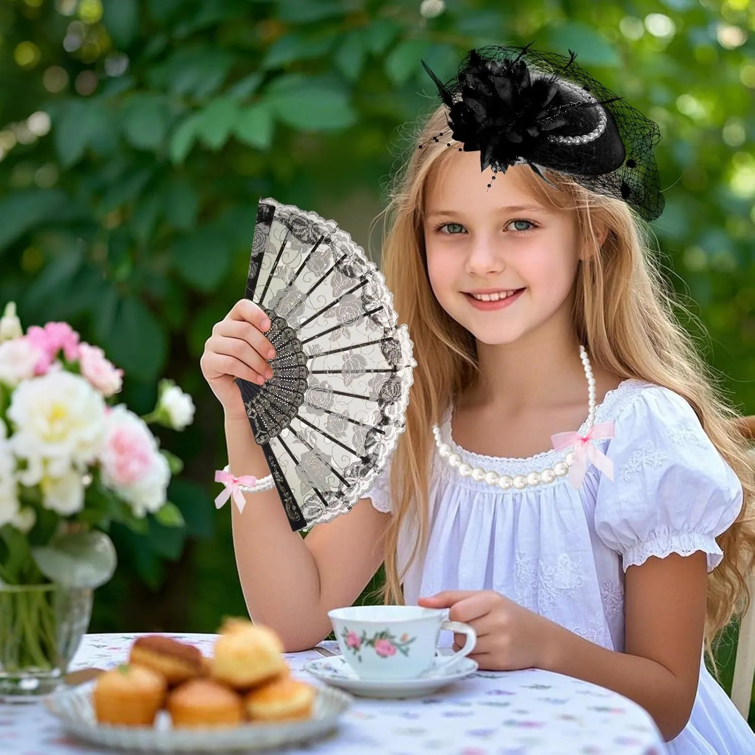 Fumwase 5Pcs Tea Party Accessories Set for Women Tea Party Favors Kit Tea Party Gloves Hats Necklace Fan Bracelet