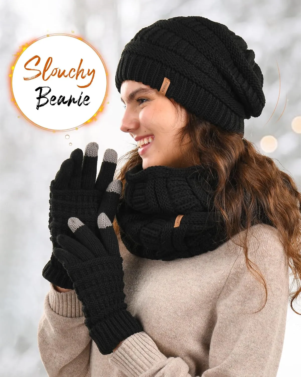 FURTALK Womens Winter Knit Beanie Hat Gloves Scarf Set 3 Pcs Gift Slouchy Beanie Touchscreen Gloves Scarf Warmer for Women