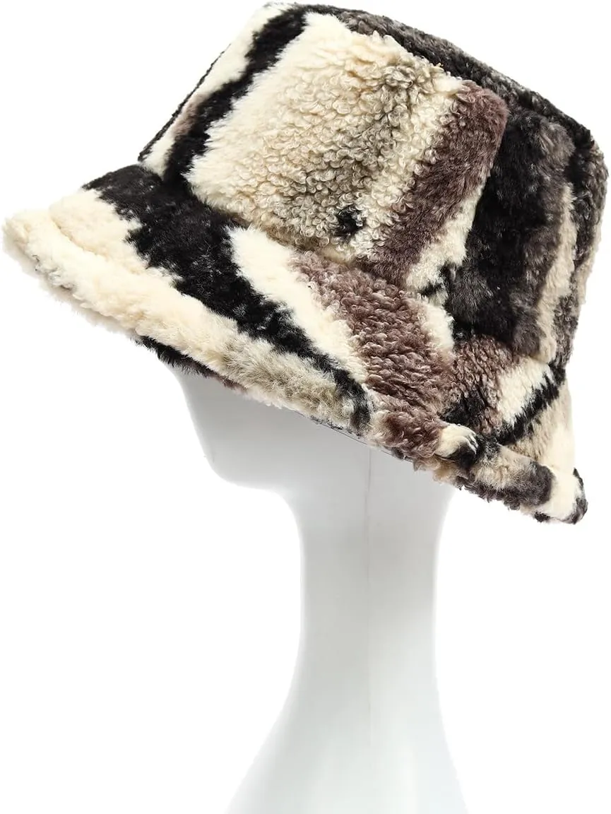 Fuzzy Fur Bucket Hat for Women - Warm Plush Sherpa Winter Hat