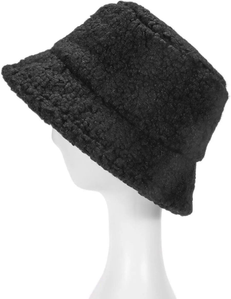 Fuzzy Fur Bucket Hat for Women - Warm Plush Sherpa Winter Hat