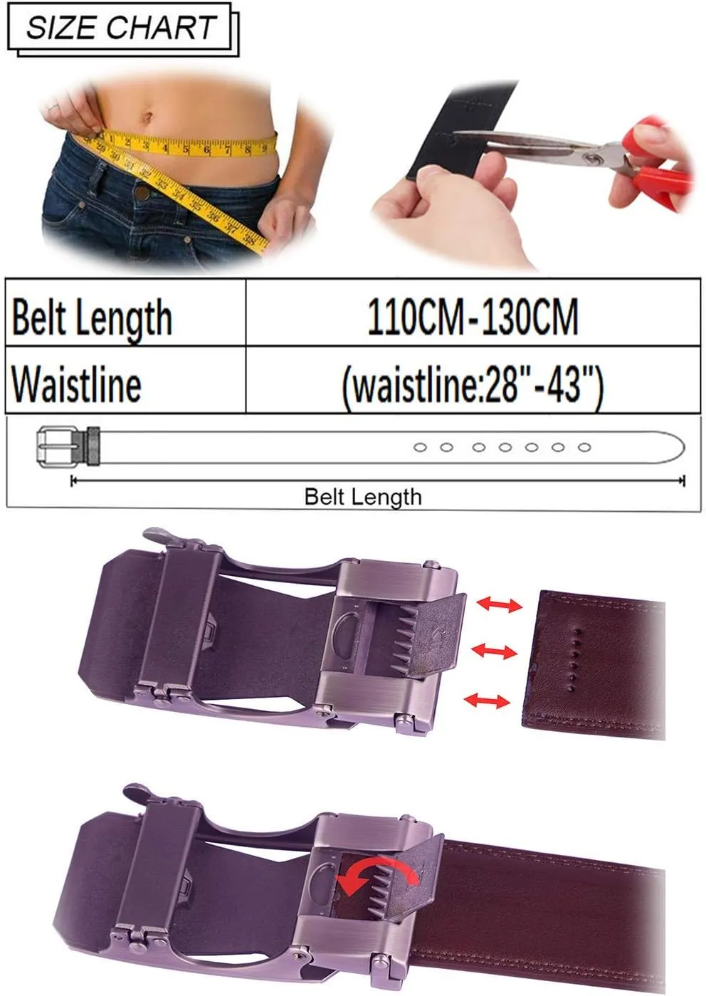 Genuine Cow Leather Belts With Automatic Ratchet Buckle,Classic and Retro Fashion Designs