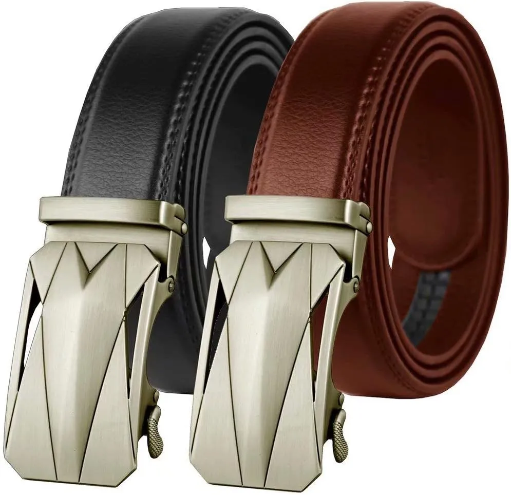 Genuine Cow Leather Belts With Automatic Ratchet Buckle,Classic and Retro Fashion Designs