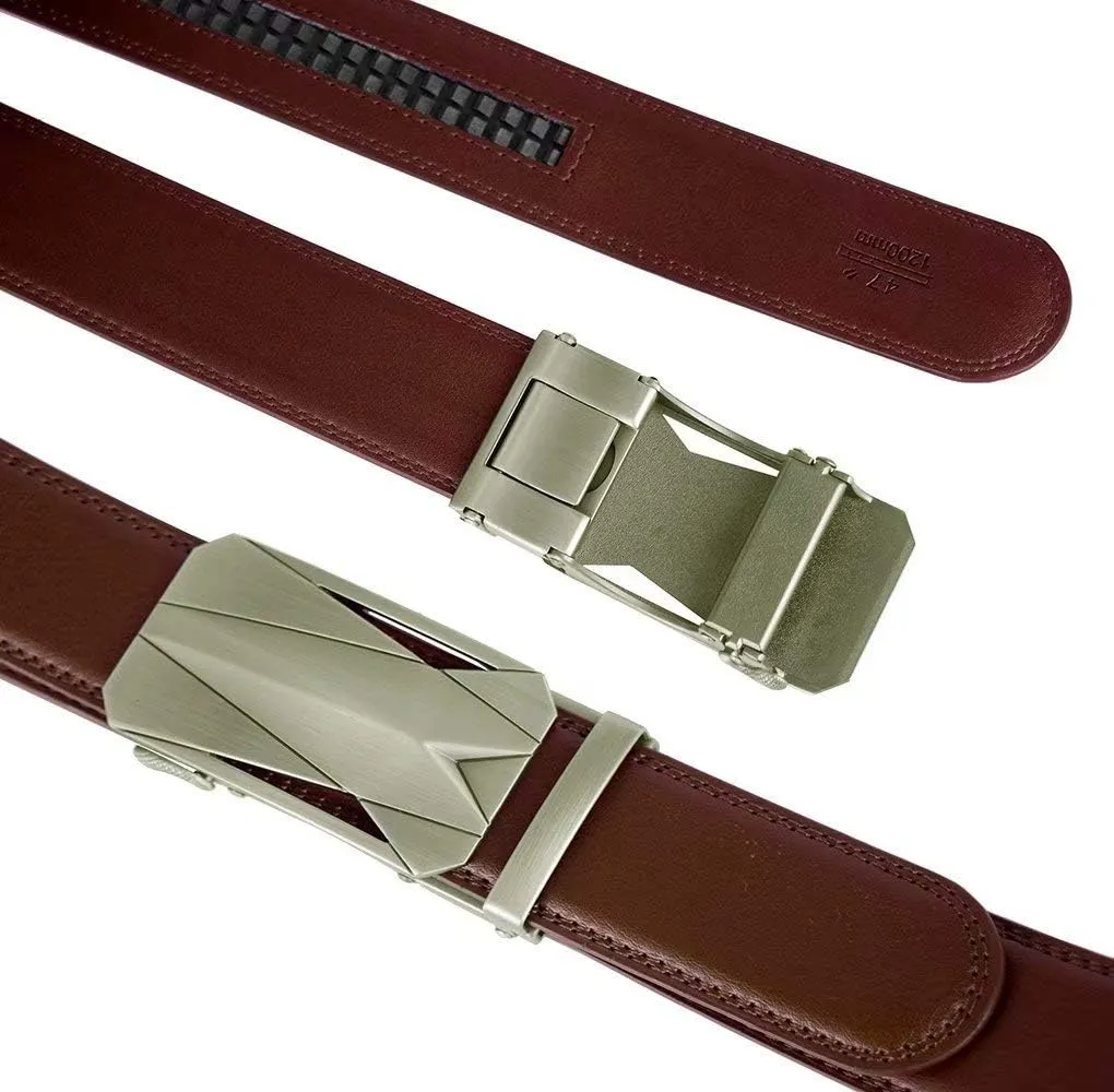 Genuine Cow Leather Belts With Automatic Ratchet Buckle,Classic and Retro Fashion Designs