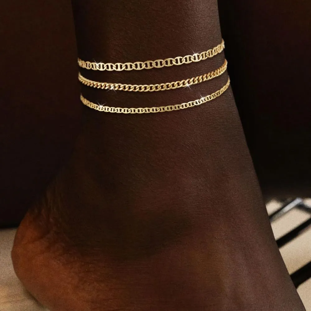 Gold Ankle Bracelets for Women Waterproof,14k Gold Plated Anklet Set Stackable Dainty Anklets Summer Beach Gift