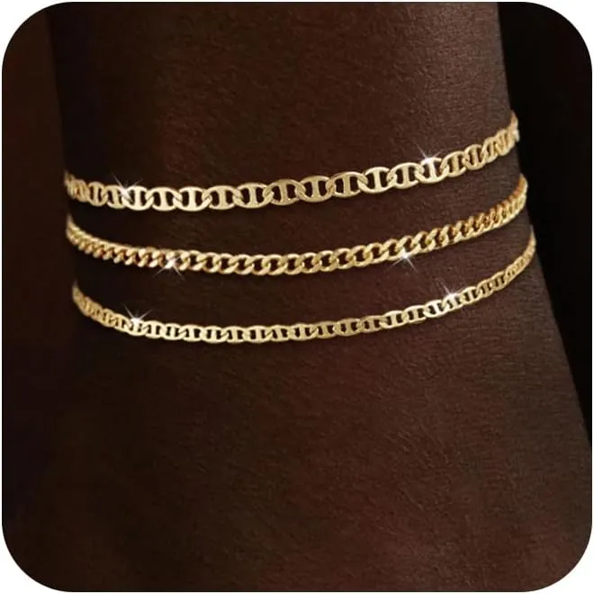 Gold Ankle Bracelets for Women Waterproof,14k Gold Plated Anklet Set Stackable Dainty Anklets Summer Beach Gift
