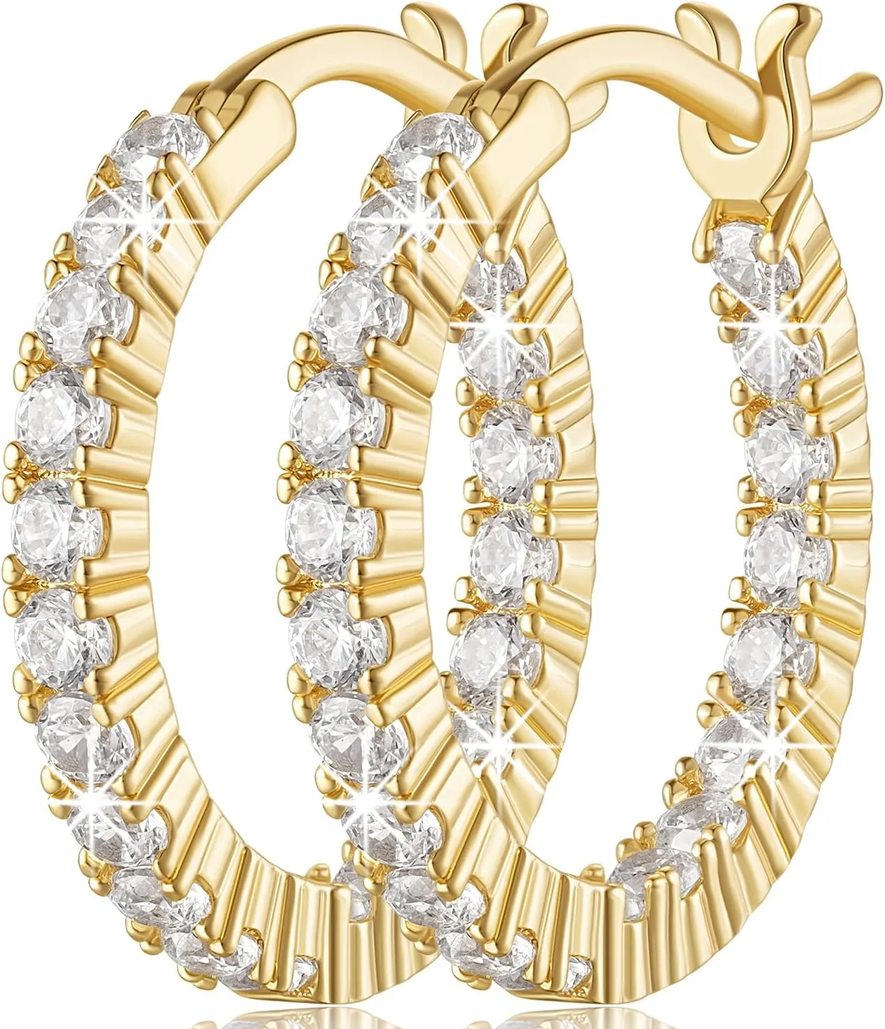 Gold Hoop Earrings 14K Gold Hoop Earrings for Women Lightweight 14 Karat Hoops Earring Dual-sided Cubic Zirconia Womens Earring Hoops 20/30mm