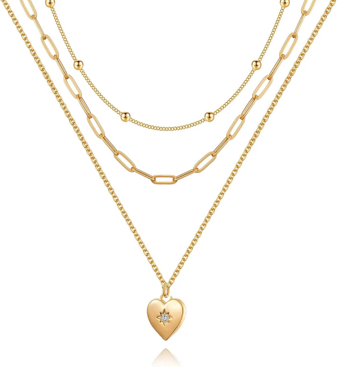 Gold Layered Heart Necklace Dainty,18k Gold Plated Love Heart Pendant Necklace,Layering Necklace for Women Trendy Jewelry