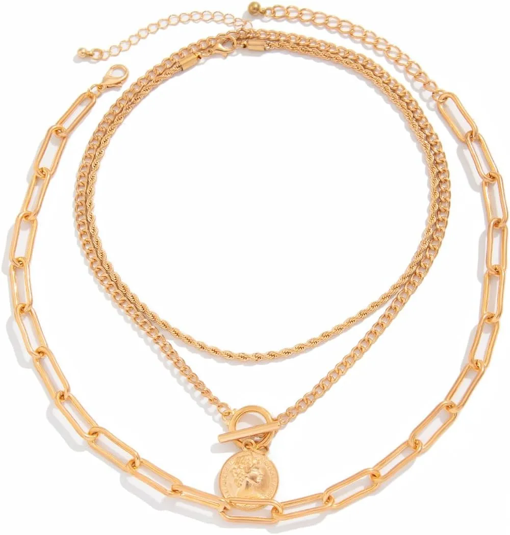 Gold Layered Necklaces for Women Chunky Silver Necklace Coin Paperclip Stacked Necklace Trendy Statement Jewelry