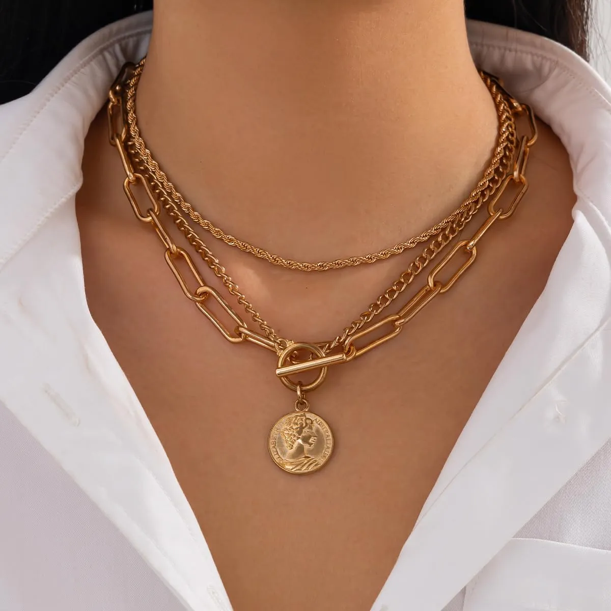 Gold Layered Necklaces for Women Chunky Silver Necklace Coin Paperclip Stacked Necklace Trendy Statement Jewelry