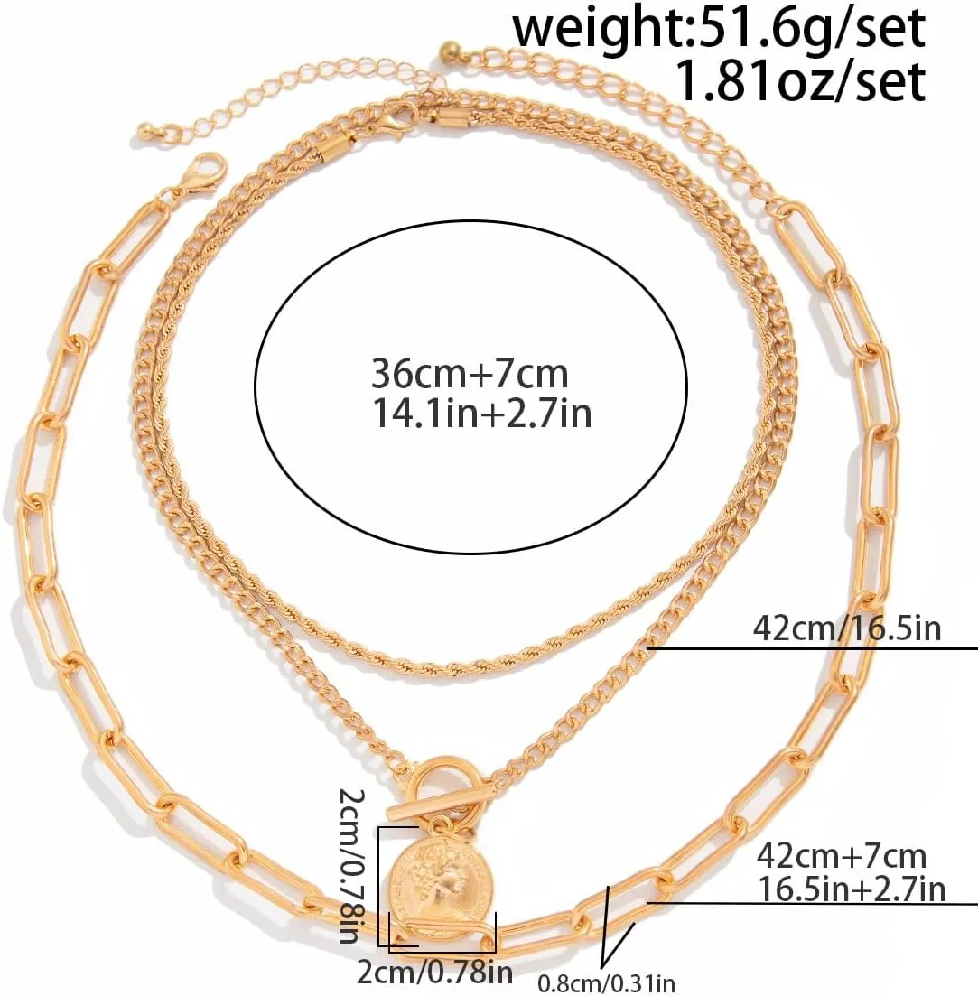 Gold Layered Necklaces for Women Chunky Silver Necklace Coin Paperclip Stacked Necklace Trendy Statement Jewelry