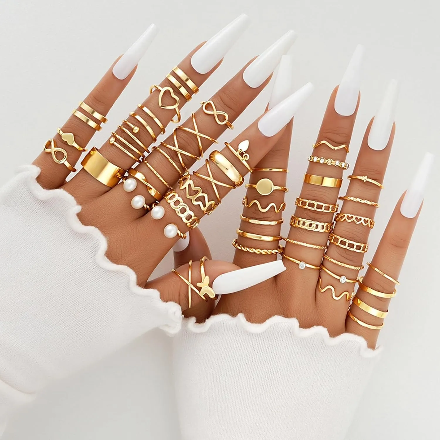 Gold Rings for Women That Don't Tarnish Gold Rings Pack Boho Stackable Rings Set Dainty Pearl Leaf Butterfly Rhinestone Rings Stacking Moon Star Knuckle Rings Midi Pinky Thumb Rings Christmas Stocking Stuffers Gifts Trendy Stuff