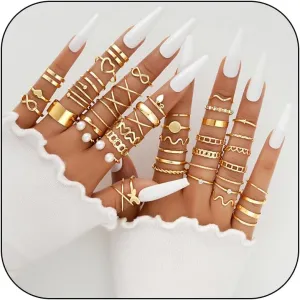 Gold Rings for Women That Don't Tarnish Gold Rings Pack Boho Stackable Rings Set Dainty Pearl Leaf Butterfly Rhinestone Rings Stacking Moon Star Knuckle Rings Midi Pinky Thumb Rings Christmas Stocking Stuffers Gifts Trendy Stuff