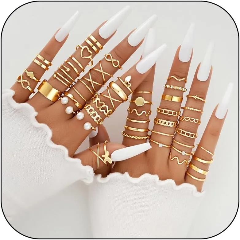Gold Rings for Women That Don't Tarnish Gold Rings Pack Boho Stackable Rings Set Dainty Pearl Leaf Butterfly Rhinestone Rings Stacking Moon Star Knuckle Rings Midi Pinky Thumb Rings Christmas Stocking Stuffers Gifts Trendy Stuff