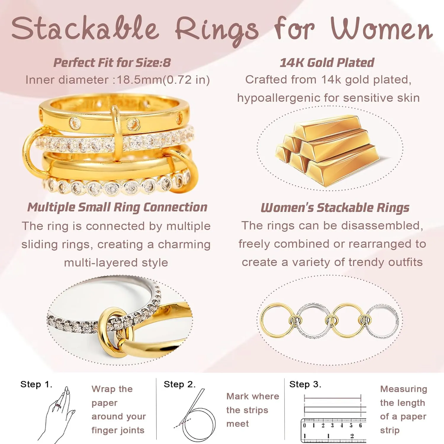Gold Stackable Rings for Women Dainty Stackable 14K Gold Plated Cubic Zirconia Rings Stackable Non Tarnish Gold Knuckle Rings for Women Set Gifts (Size:7,8)