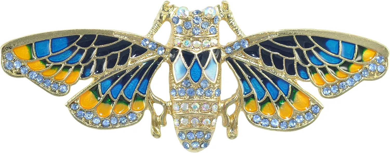 Gyn&Joy Gold Tone Iridescent Aqua Light Blue Crystal Rhinestone Insect Moth Enamel Brooch Pin BZ191