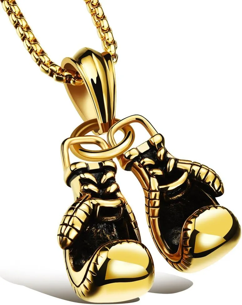 Hamoery Men Punk Stainless Steel Boxing Gloves Chain Pendant Necklace