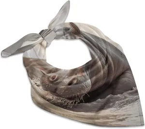 Hippopotamus in Water 18" Square Head Scarf Lightweight Silk Scarf for Women Soft Satin Head Scarves Large Neckerchief Fashion Bandanas Silk Headband Neck Satin Scarfs for Bag Hair Scarves Gift
