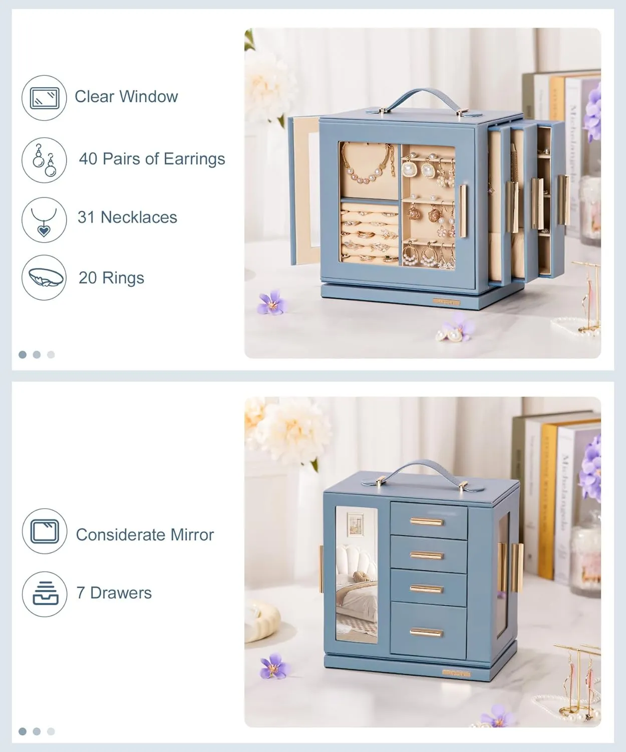 Homde Jewelry Box 360° Rotating, Necklace Earring Organizer with Transparent Window, Mirror, 7 Drawers, Large Ring Display Storage Case for Girls Women (Grey Blue)