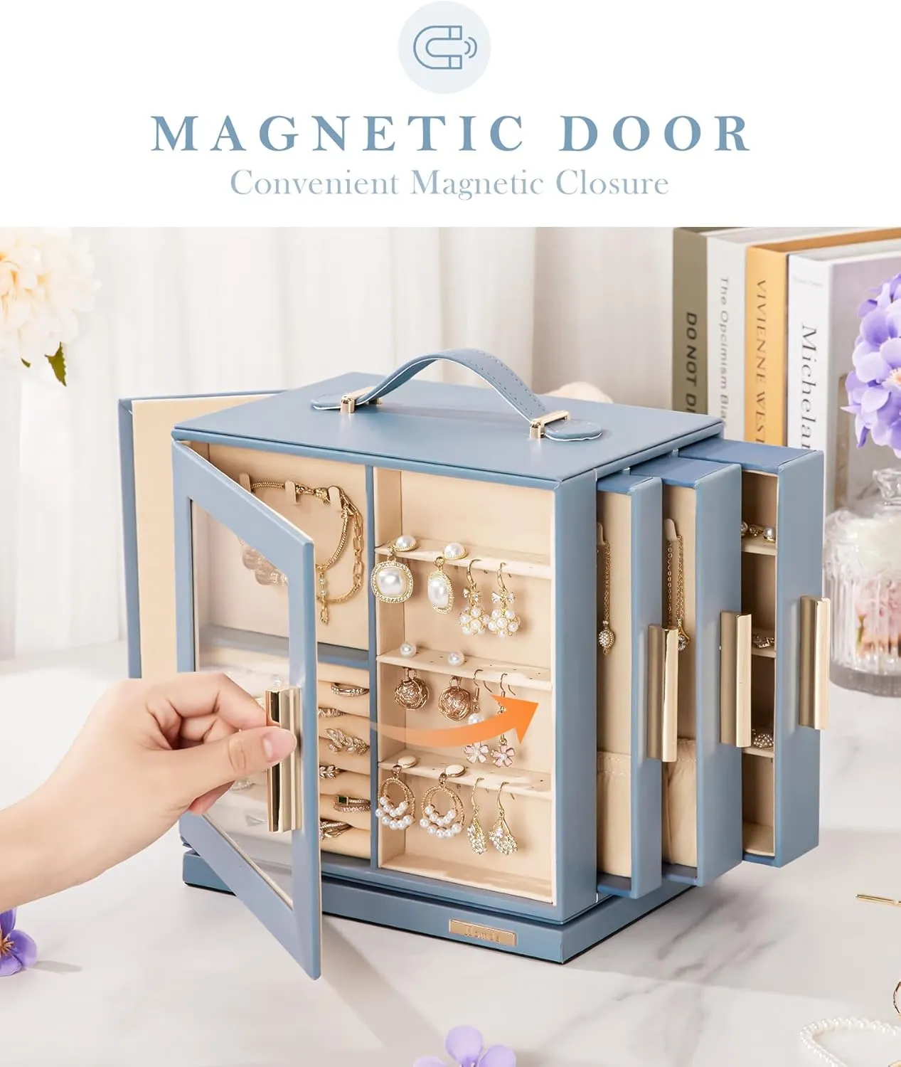 Homde Jewelry Box 360° Rotating, Necklace Earring Organizer with Transparent Window, Mirror, 7 Drawers, Large Ring Display Storage Case for Girls Women (Grey Blue)