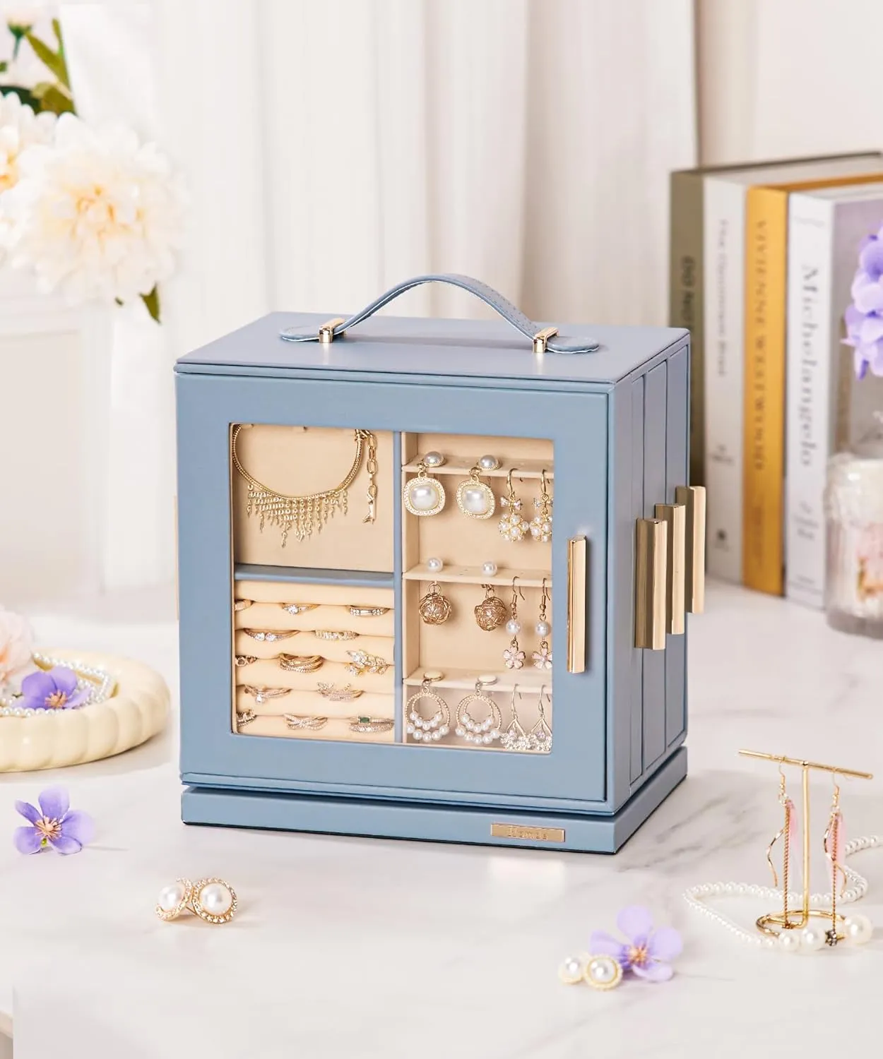 Homde Jewelry Box 360° Rotating, Necklace Earring Organizer with Transparent Window, Mirror, 7 Drawers, Large Ring Display Storage Case for Girls Women (Grey Blue)