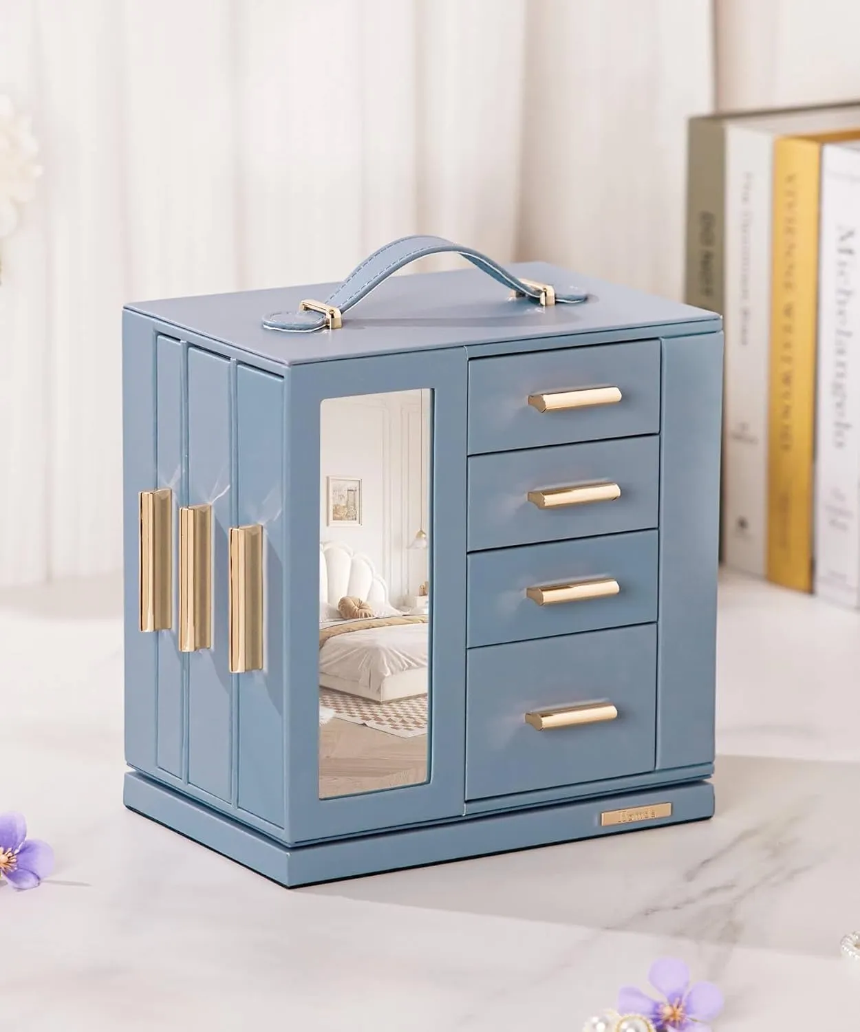 Homde Jewelry Box 360° Rotating, Necklace Earring Organizer with Transparent Window, Mirror, 7 Drawers, Large Ring Display Storage Case for Girls Women (Grey Blue)