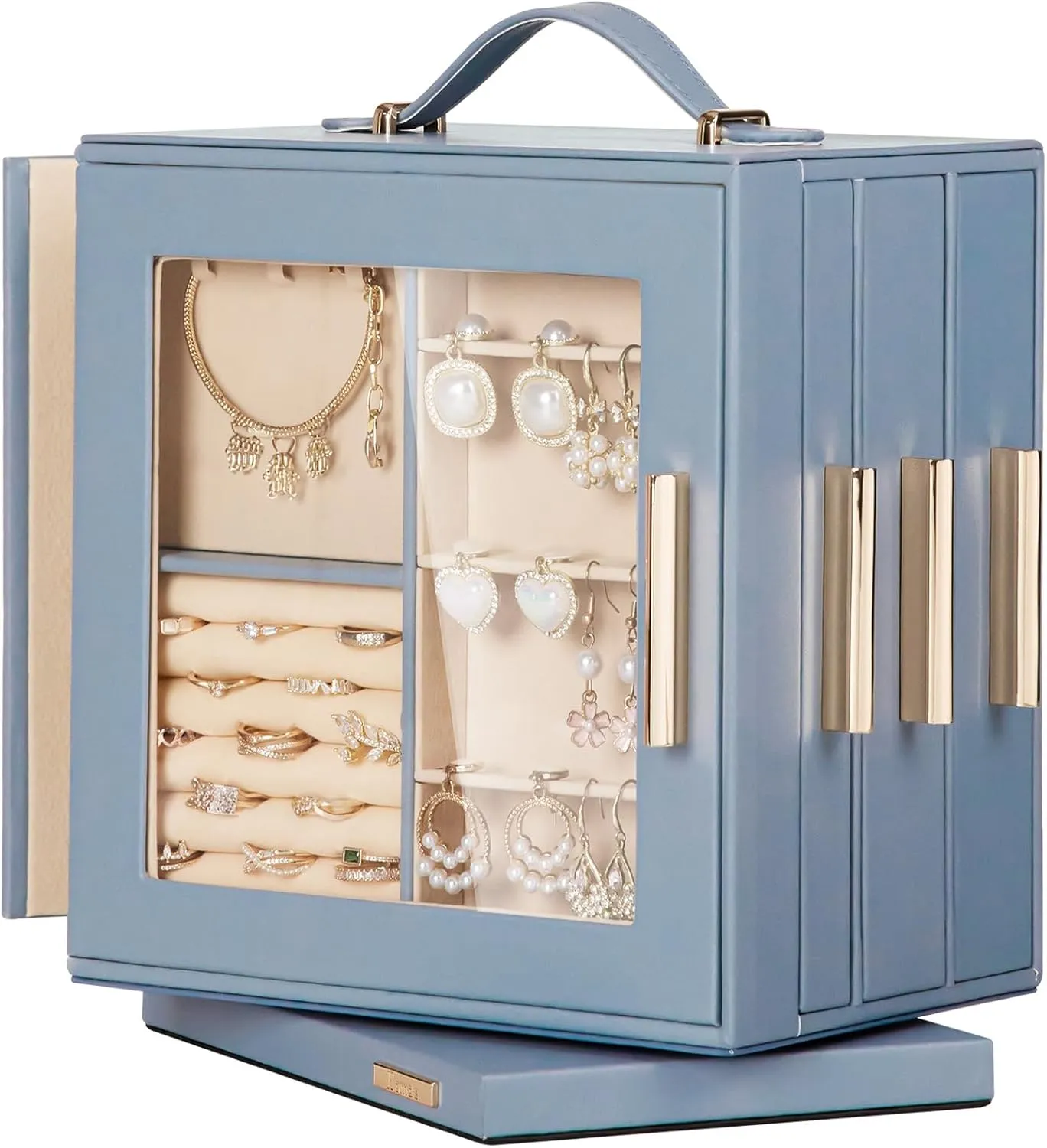 Homde Jewelry Box 360° Rotating, Necklace Earring Organizer with Transparent Window, Mirror, 7 Drawers, Large Ring Display Storage Case for Girls Women (Grey Blue)