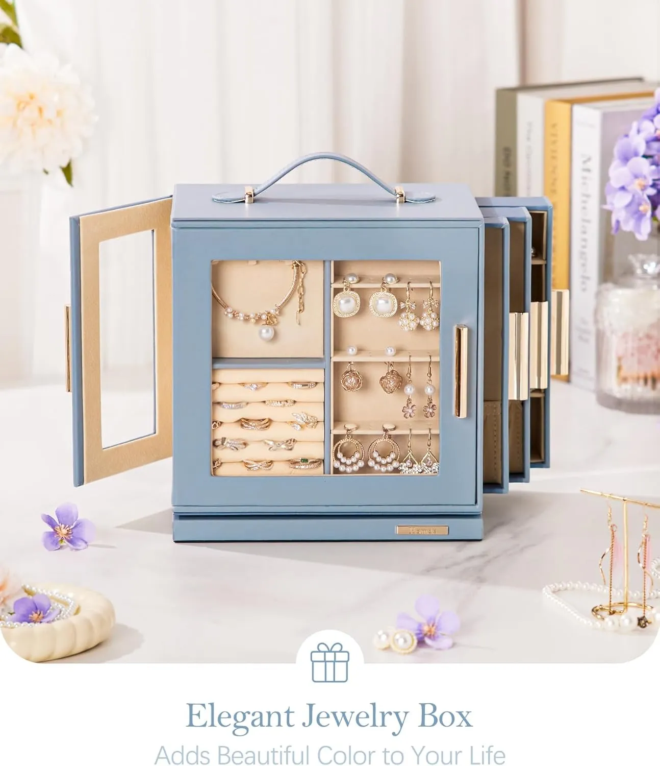 Homde Jewelry Box 360° Rotating, Necklace Earring Organizer with Transparent Window, Mirror, 7 Drawers, Large Ring Display Storage Case for Girls Women (Grey Blue)