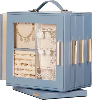Homde Jewelry Box 360° Rotating, Necklace Earring Organizer with Transparent Window, Mirror, 7 Drawers, Large Ring Display Storage Case for Girls Women (Grey Blue)