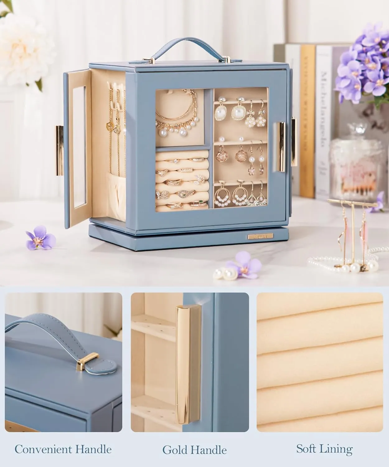Homde Jewelry Box 360° Rotating, Necklace Earring Organizer with Transparent Window, Mirror, 7 Drawers, Large Ring Display Storage Case for Girls Women (Grey Blue)