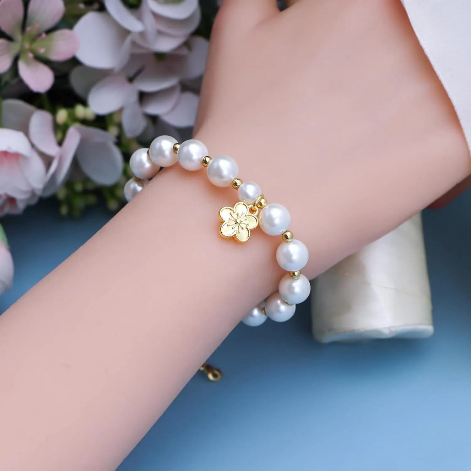 Initial Charms Bracelet Wedding Gifts Wedding Gifts Rhinestone Pearl Bracelet Charm Bracelets for Women Flower Charm Bracelets
