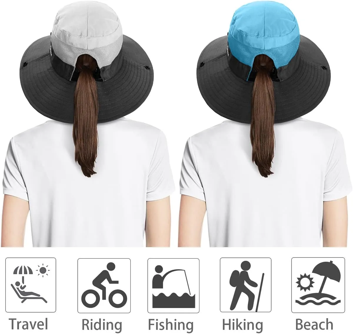 IYEBRAO 2 Pack Womens Ponytail Sun Hat UV Protection Bucket Hats Foldable Wide Brim Summer Boonie Beach Cap Fishing Hiking