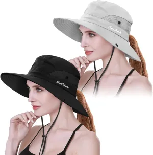 IYEBRAO 2 Pack Womens Ponytail Sun Hat UV Protection Bucket Hats Foldable Wide Brim Summer Boonie Beach Cap Fishing Hiking