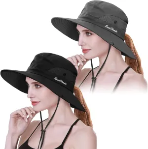 IYEBRAO 2 Pack Womens Ponytail Sun Hat UV Protection Bucket Hats Foldable Wide Brim Summer Boonie Beach Cap Fishing Hiking
