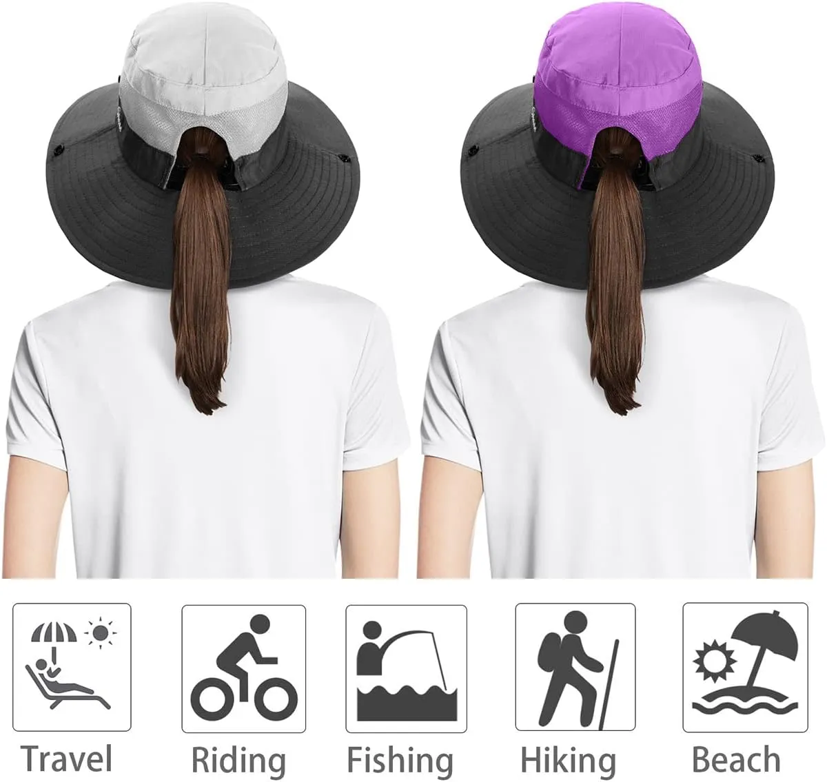 IYEBRAO 2 Pack Womens Ponytail Sun Hat UV Protection Bucket Hats Foldable Wide Brim Summer Boonie Beach Cap Fishing Hiking